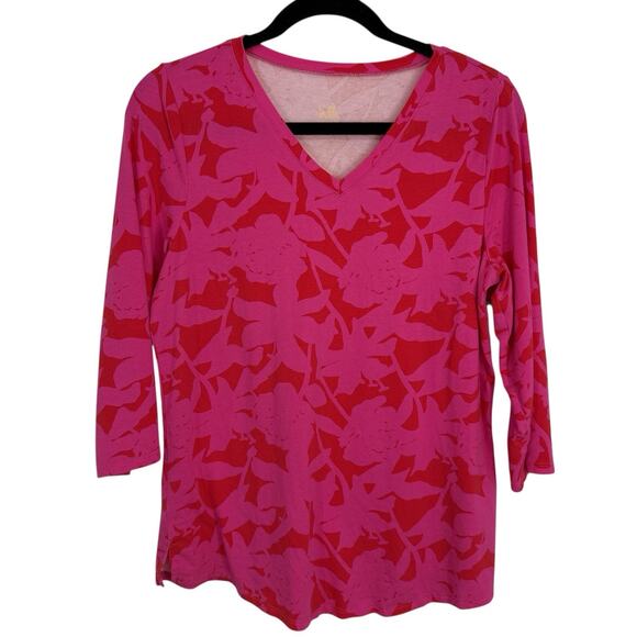 Belle Kim Gravel V Neck Bright Pink Floral 3/4 Sleeve Tee Size Small Pullover - Picture 7 of 7